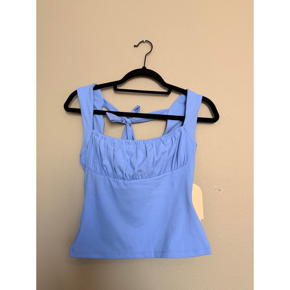 Blogilates Bow Back Tie Athletic Tank Top Blue Halter Ruched Front Small NWT